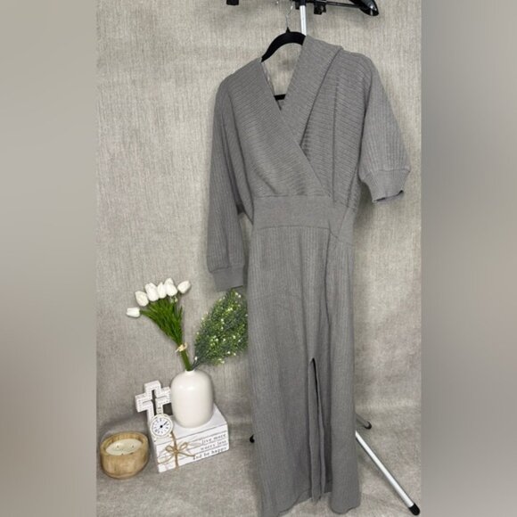 Cider Ribbed Knit Wrap Midi Dress 1XL Gray Long Sleeve Slit NWT Cozy Chic - Picture 1 of 4